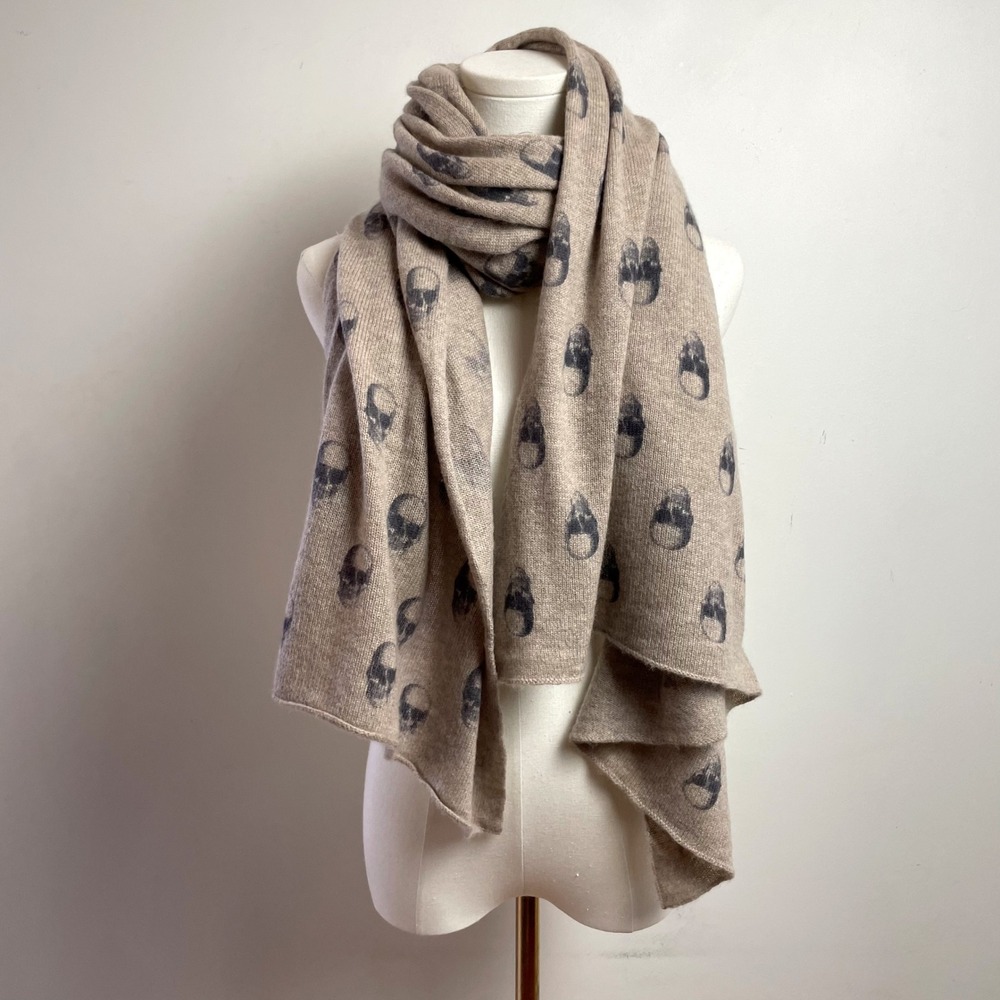 360 Cashmere Skull Print Oversized Scarf Wrap Beige Gothic Grunge Edgy Baddie